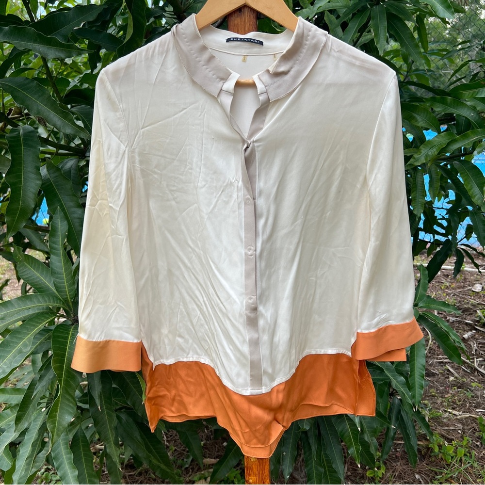 Elie Tahari Women's 100% Silk Blouse Long Sleeve Button Ivory Orange Large *Flaw